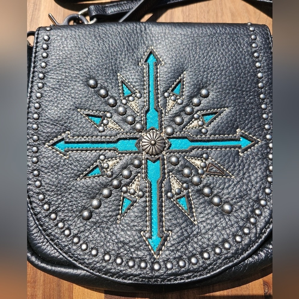 Black and Blue Embellished Studded Western Women's Crossbody Leather Bag Details - Picture 10 of 14